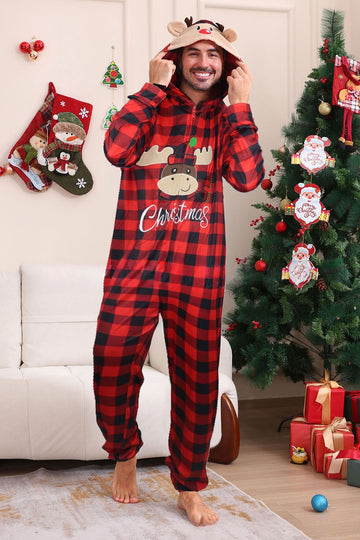 Pyjama familial une pièce rouge à carreaux imprimé cerf assorti